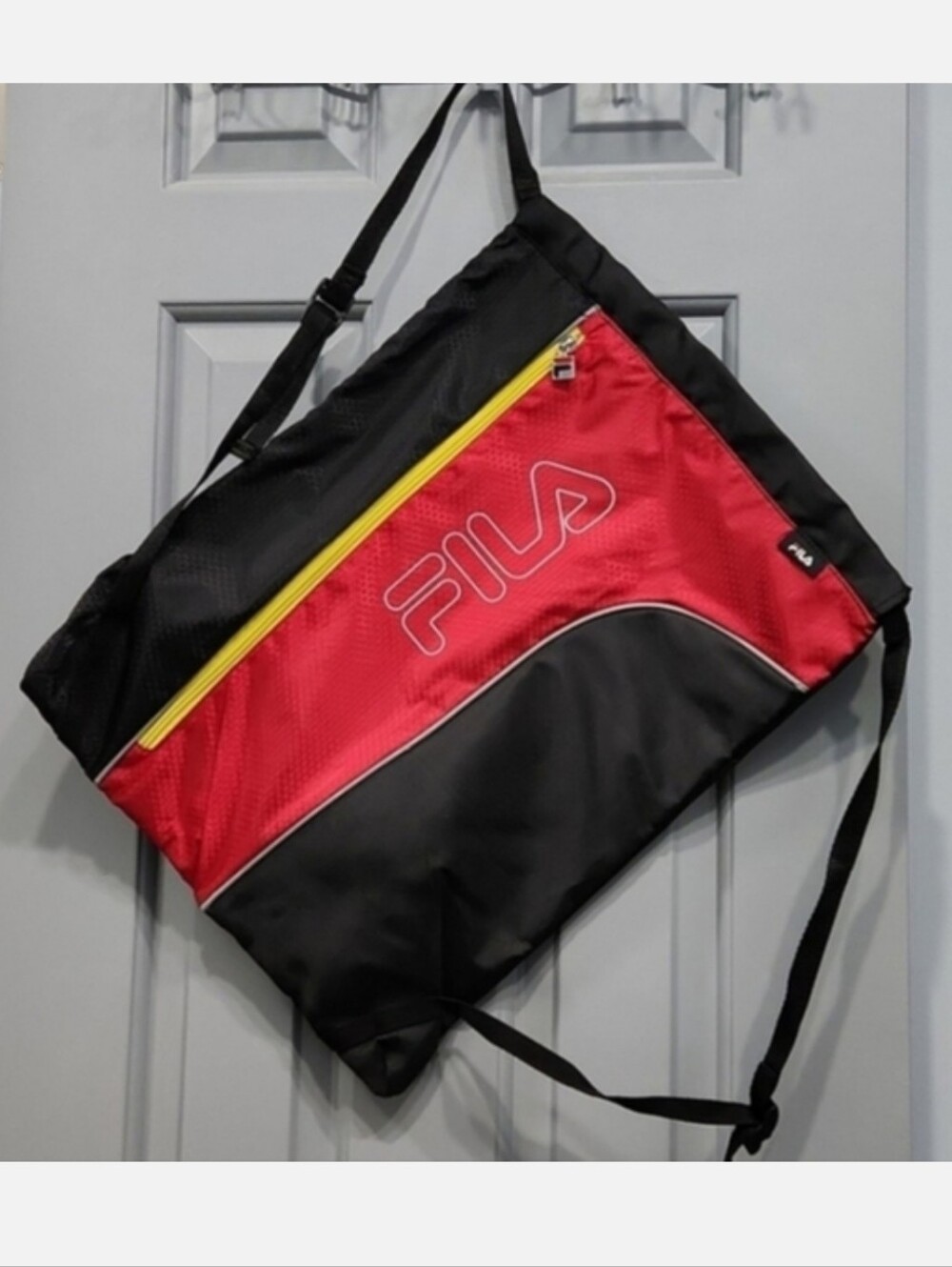 NWOT Fila Drawstring Cinch Sack Backpack Red Black Yellow & Zipper Pocket